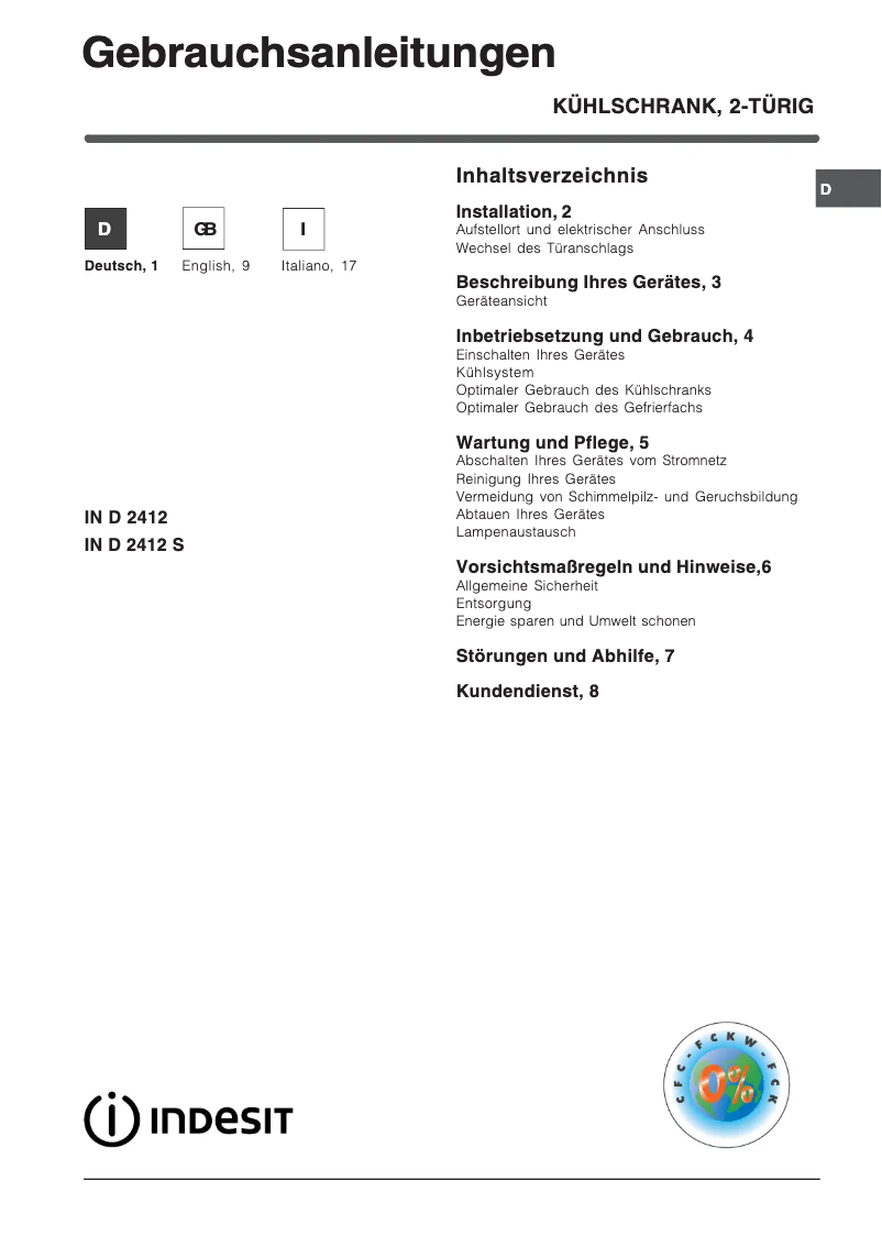 Page 1 de la notice Manuel utilisateur Indesit IN D 2412