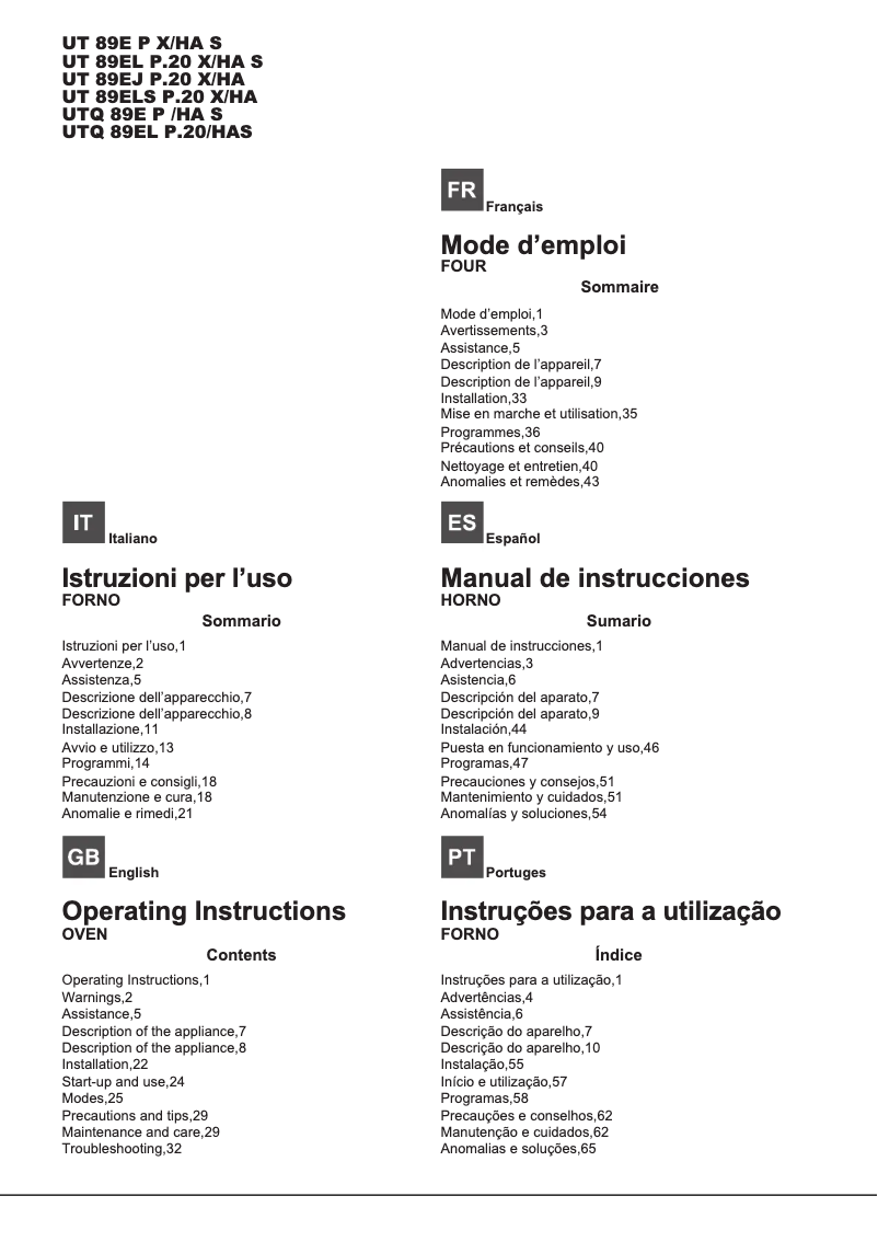 Page n°1 - Manuel utilisateur Hotpoint Ariston UT 89EJ P.20 X/HA