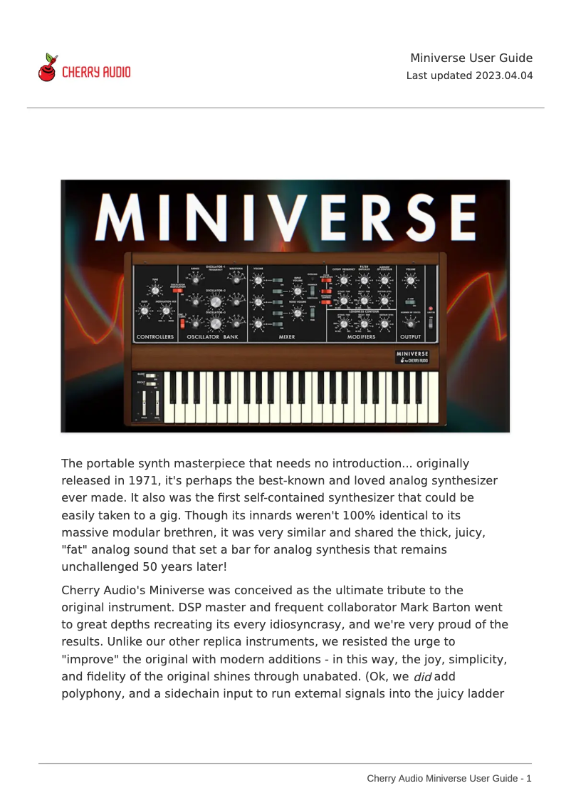 Page 1 de la notice Manuel utilisateur Cherry Audio Miniverse