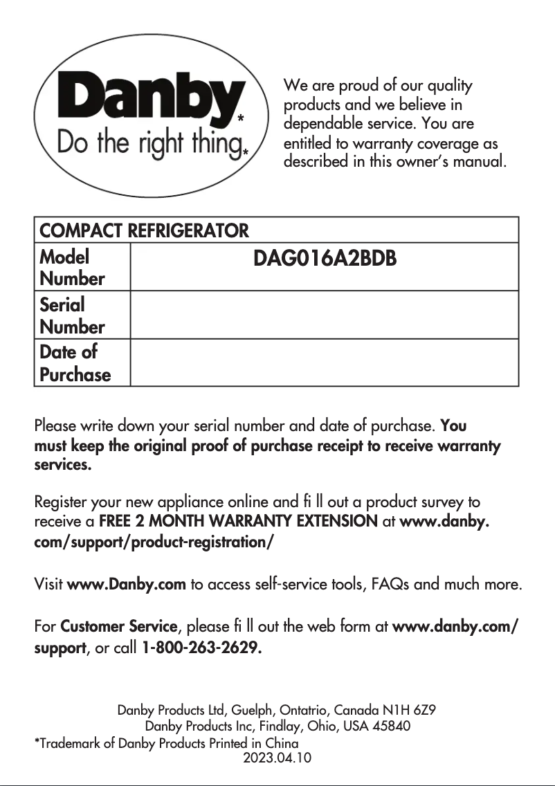 Page n°1 - Manuel utilisateur Danby DAG016A2BDB