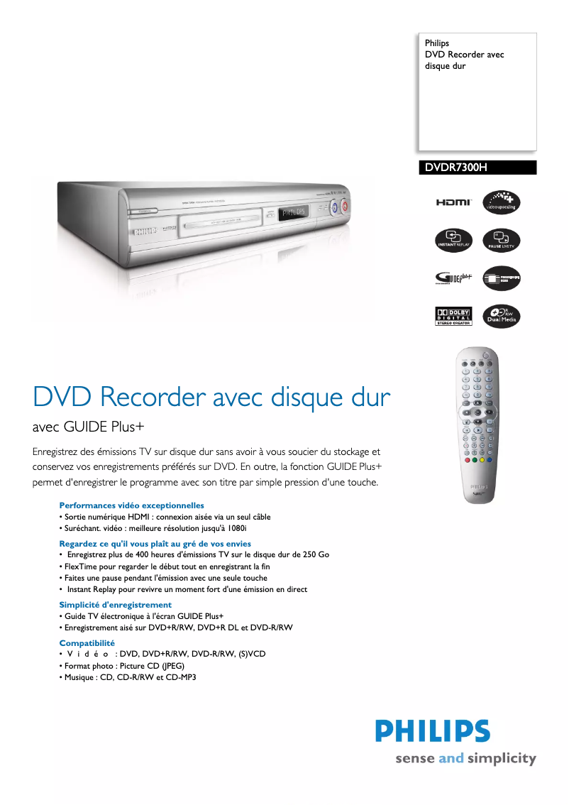 Page 1 de la notice Fiche technique Philips DVDR7300H
