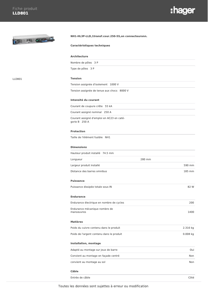 Page 1 de la notice Fiche technique Hager LLD801