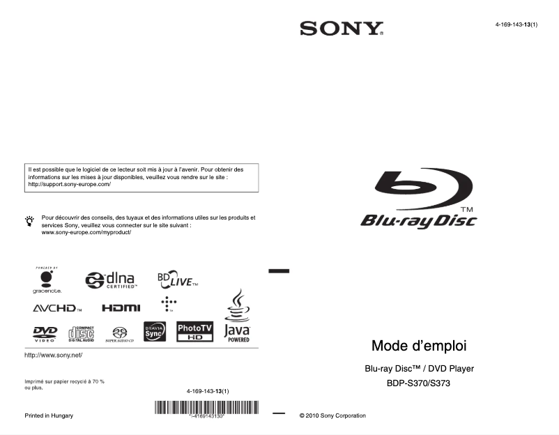 Page 1 de la notice Manuel utilisateur Sony BDP-S373