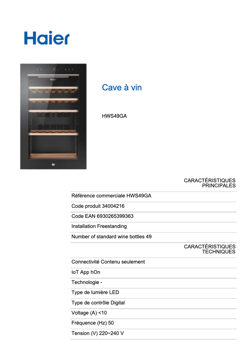 Page 1 de la notice Fiche technique Haier HWS49GA