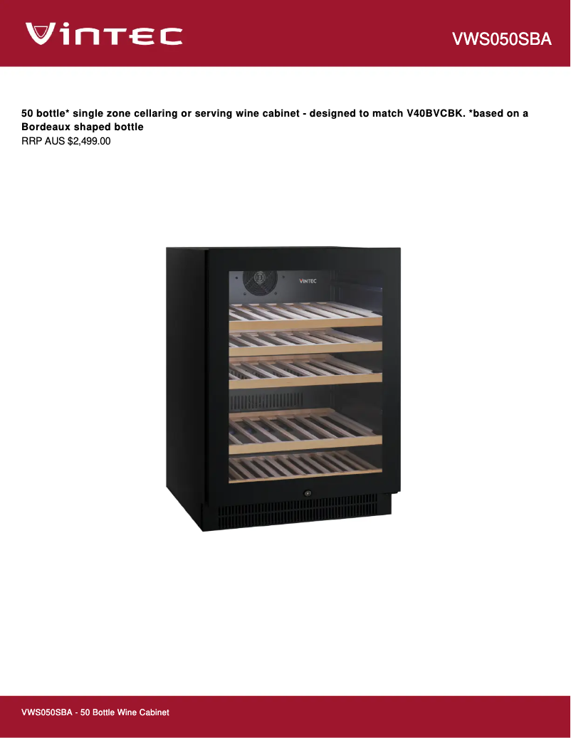 Page 1 de la notice Fiche technique Vintec VWS050SBA
