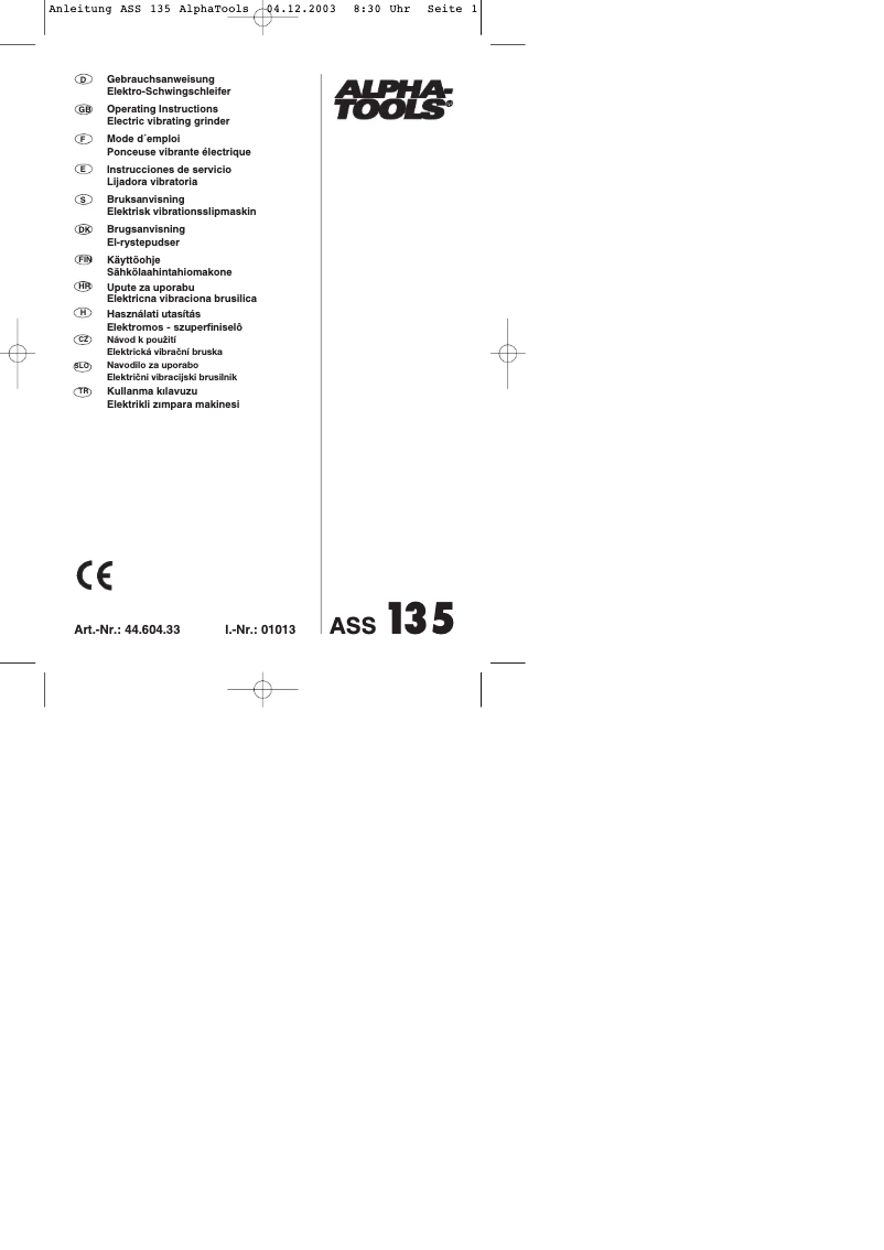 Page 1 de la notice Manuel utilisateur Alpha Tools ASS 135