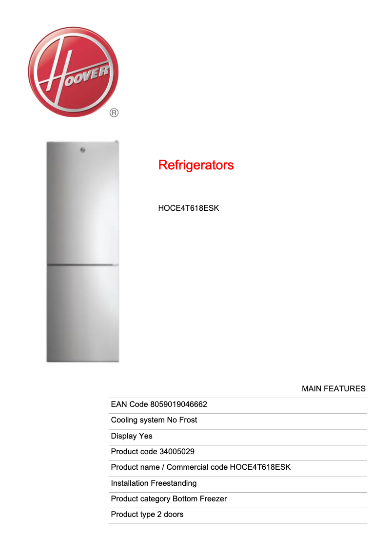 Page 1 de la notice Fiche technique Hoover HOCE4T618ESK