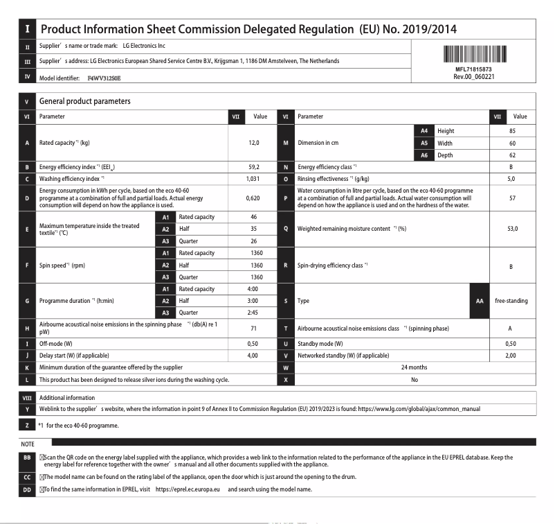 Page n°1 - Manuel utilisateur LG F4WV312S0E