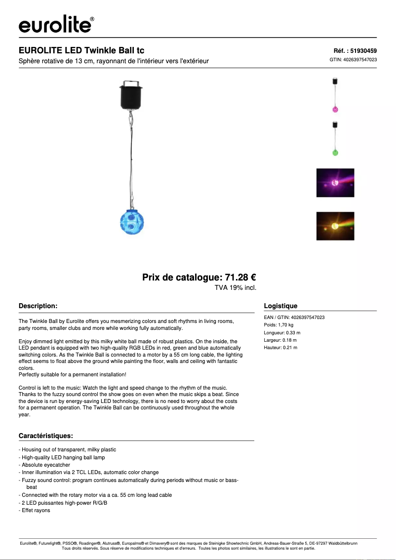 Page 1 de la notice Fiche technique Eurolite LED Twinkle Ball TC