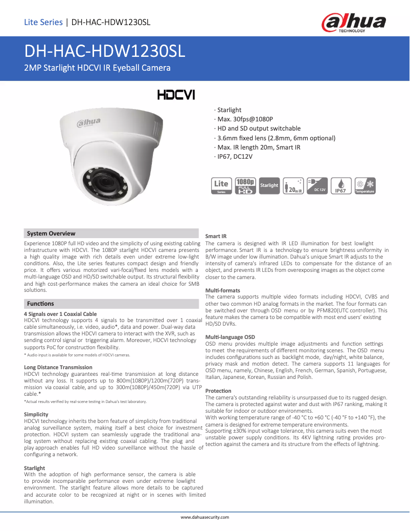 Page n°1 - Fiche technique Dahua Technology HAC-HDW1230SL