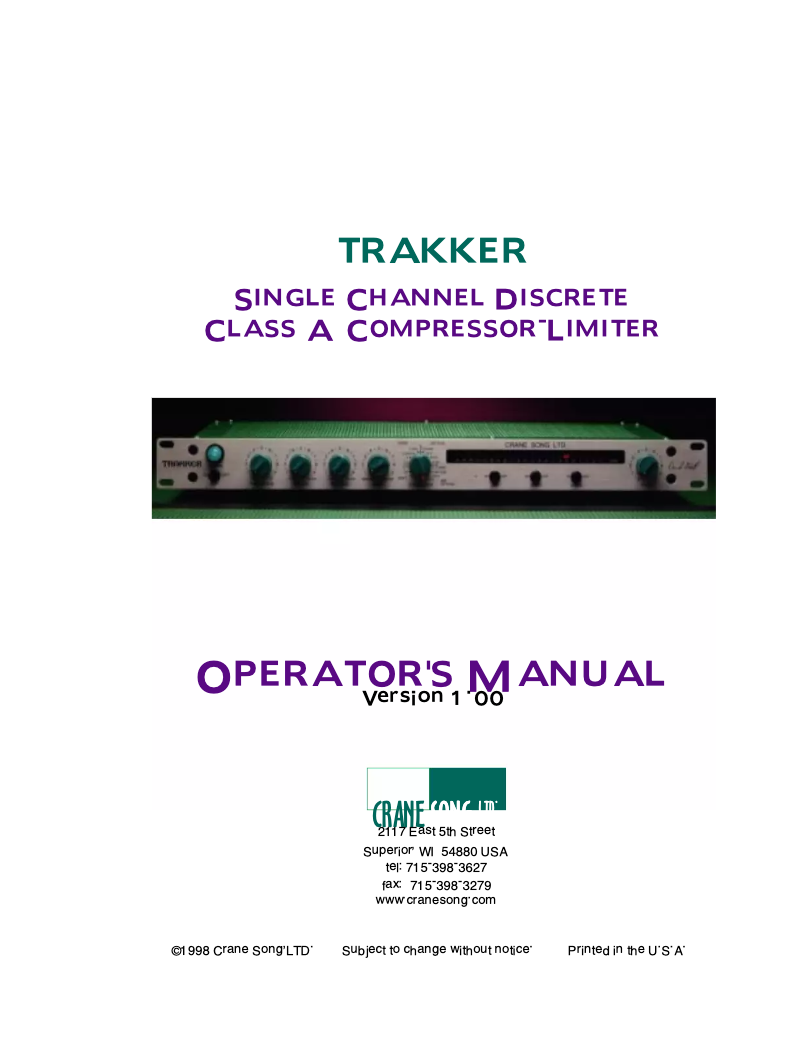 Page 1 de la notice Manuel utilisateur Crane Song Trakker