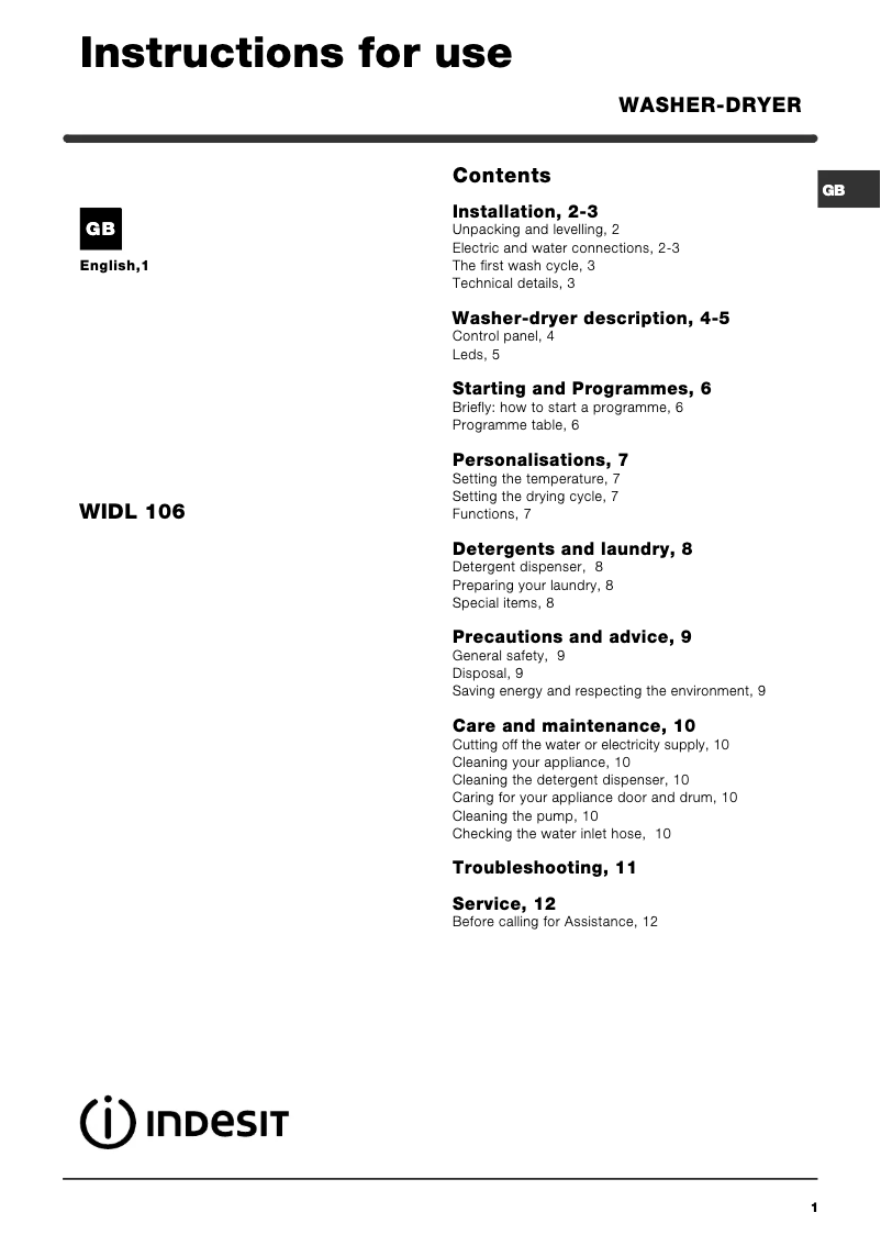 Page n°1 - Manuel utilisateur Indesit WIDL 106
