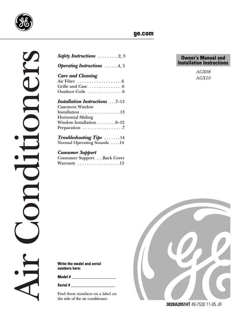 Page 1 de la notice Manuel d'utilisation et d'entretien GE AGX10AB