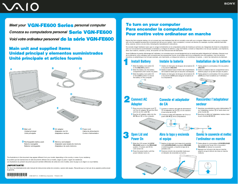 Page 1 de la notice Guide d'installation Sony Vaio VGN-FE690G