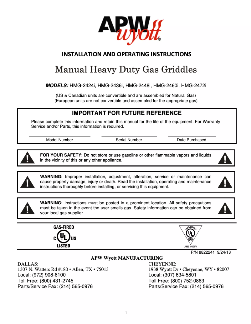 Page 1 de la notice Manuel utilisateur APW Wyott HMG-2448i