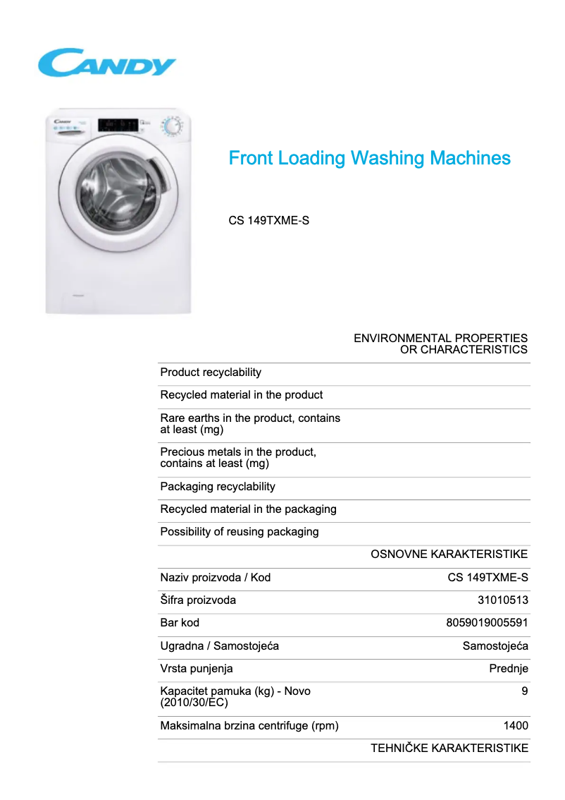 Page 1 de la notice Fiche technique Candy CS 149TXME-S