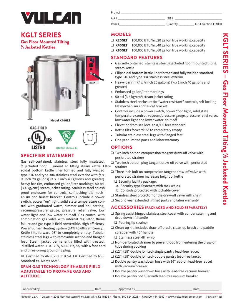 Page 1 de la notice Fiche technique Vulcan K60GLT