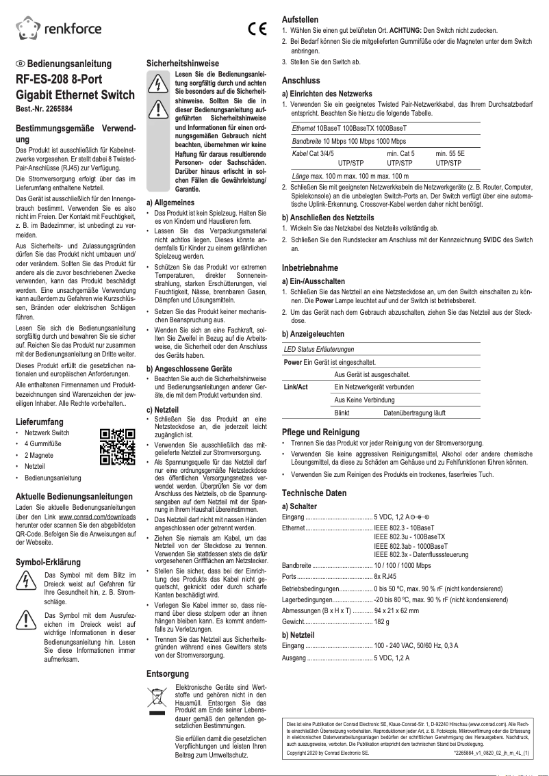 Page 1 de la notice Manuel utilisateur Renkforce RF-ES-208