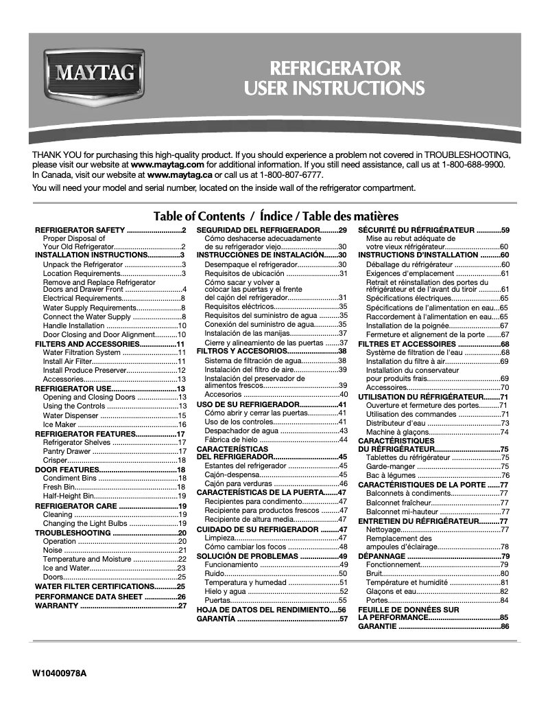 Page n°1 - Manuel utilisateur Maytag MFF2055FRZ