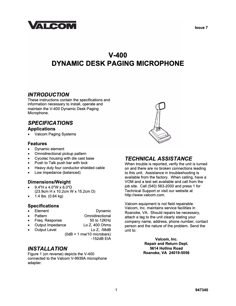 Page 1 de la notice Manuel utilisateur Valcom V-400