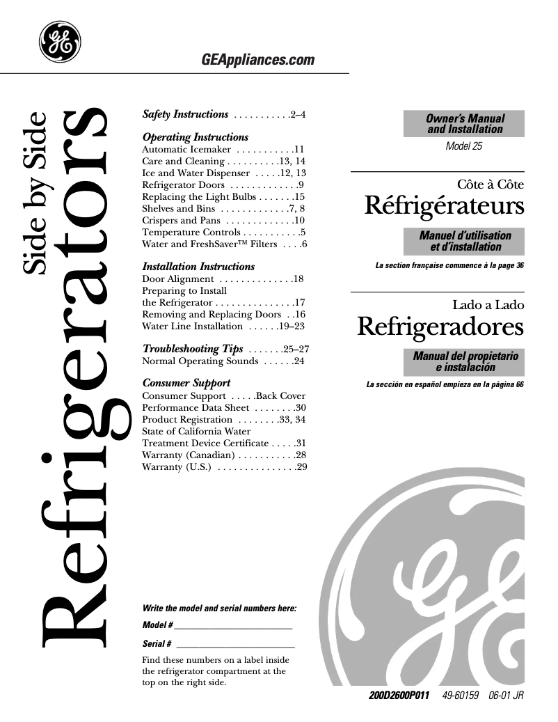 Página 1 del manual Manual de uso y mantenimiento GE ESS25LSNBS