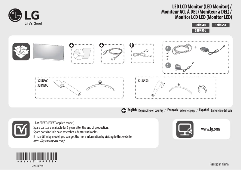Page 1 de la notice Guide de démarrage rapide LG 32UN550