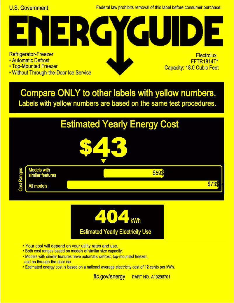 Página 1 del manual Etiqueta energética Frigidaire FFTR1814TB