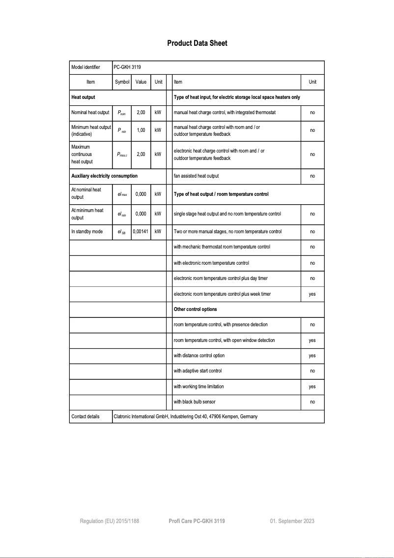 Page n°1 - Fiche technique ProfiCare PC-GKH 3119