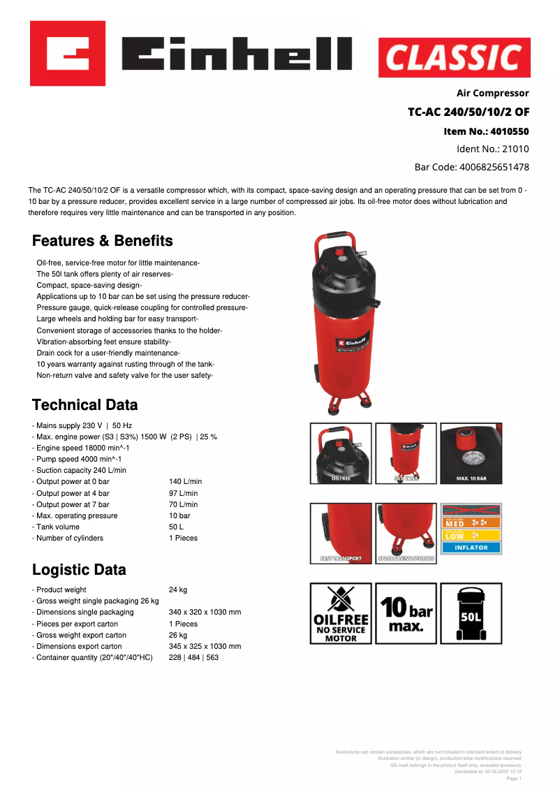 Page 1 of the manual Technical Sheet Einhell TC-AC 240/50/10/2 OF