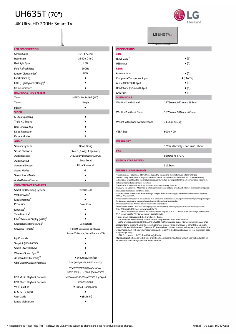 Image de la première page du manuel de l'appareil 70UH635T