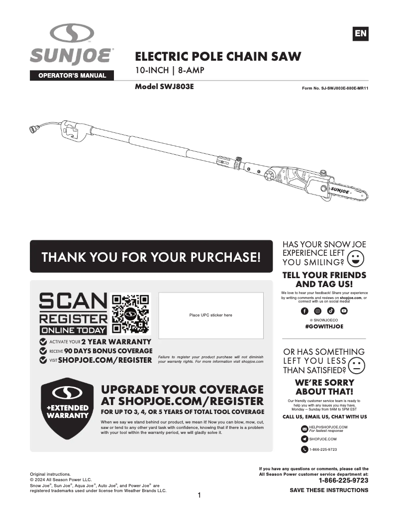 Page 1 de la notice Manuel utilisateur Sun Joe SWJ803E