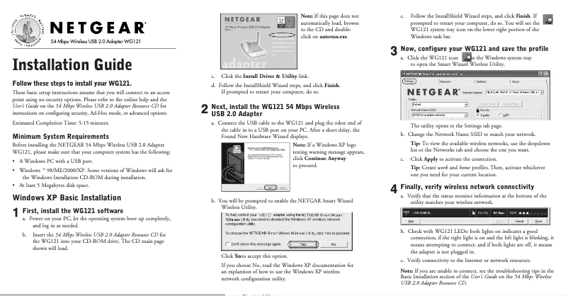 Page 1 de la notice Guide d'installation Netgear WG121