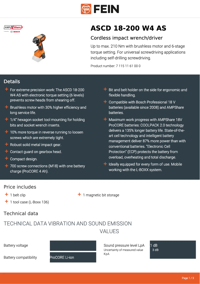 Página 1 del manual Ficha técnica Fein ASCD 18-200 W4