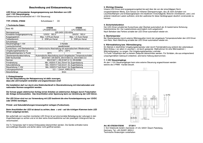 Page n°1 - Manuel utilisateur SLV 470540