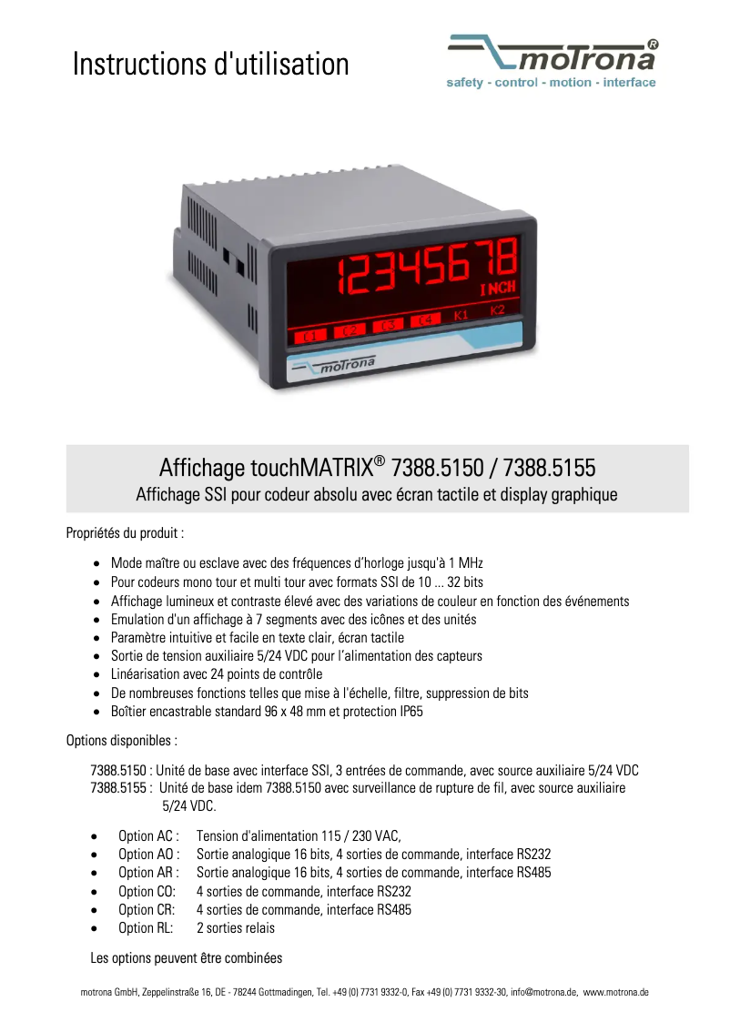 Image de la première page du manuel de l'appareil touchMATRIX 7388.5150