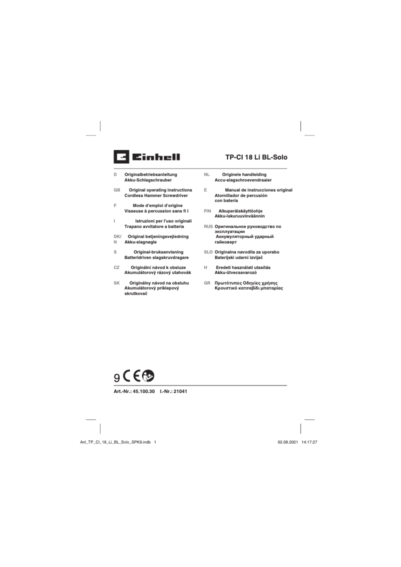 Page n°1 - Manuel utilisateur Einhell TP-CI 18 Li BL - Solo