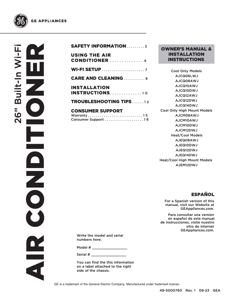 Page n°1 - Guide d'installation GE AJEQ08AWJ