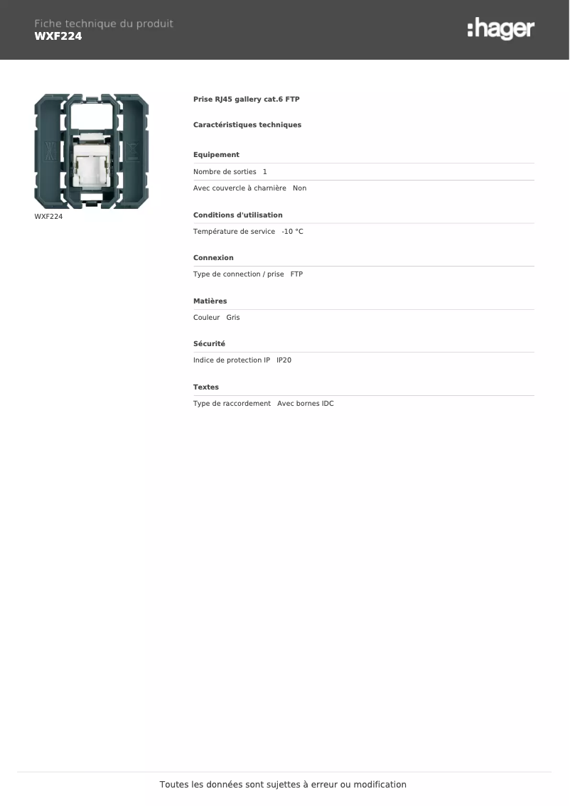 Page 1 de la notice Fiche technique Hager WXF224