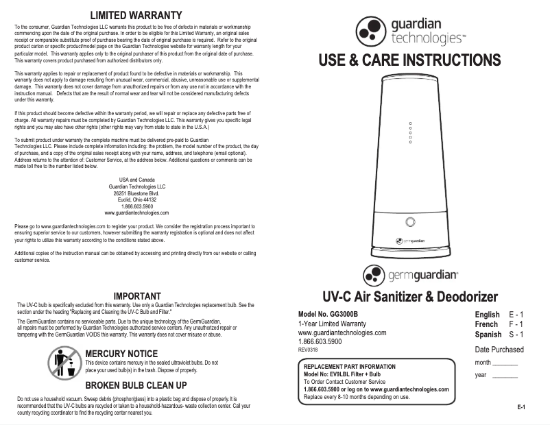 Page 1 de la notice Manuel utilisateur GermGuardian GG3000