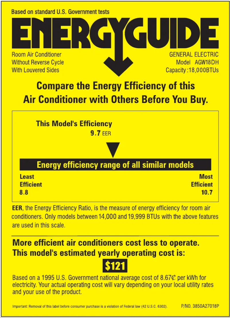 Page 1 de la notice Label énergétique GE AGW18DH