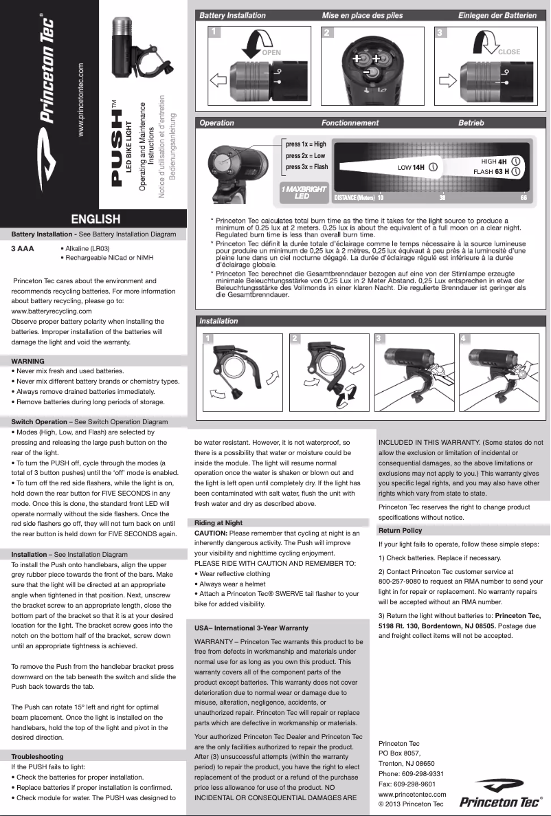 Page 1 de la notice Manuel utilisateur Princeton Tec Push