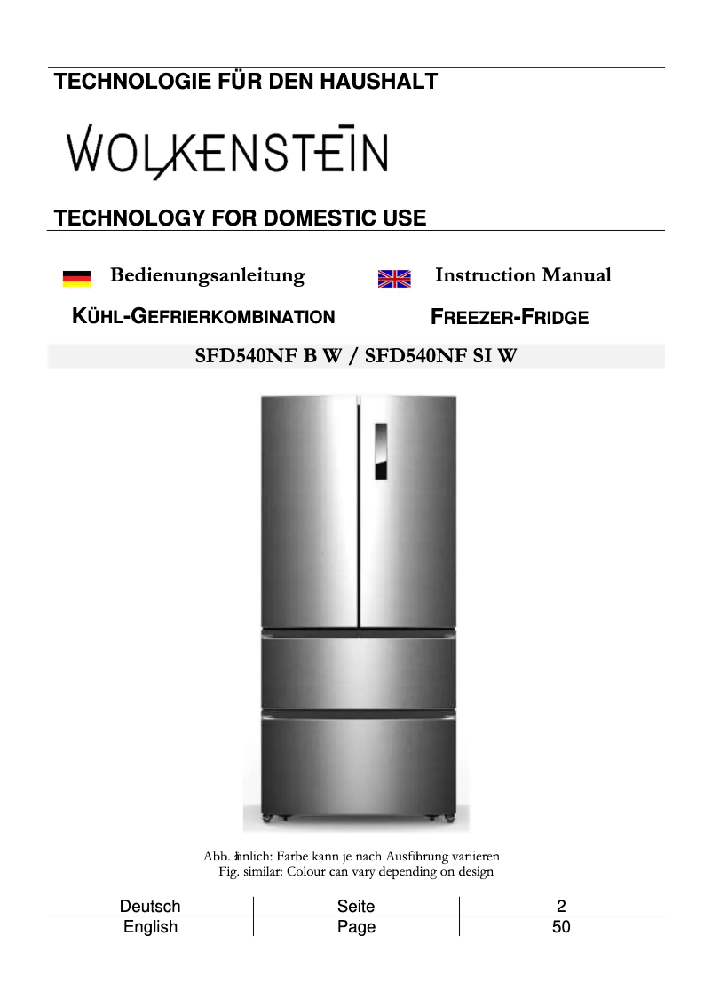 Page 1 de la notice Manuel utilisateur Wolkenstein WFD540NF B
