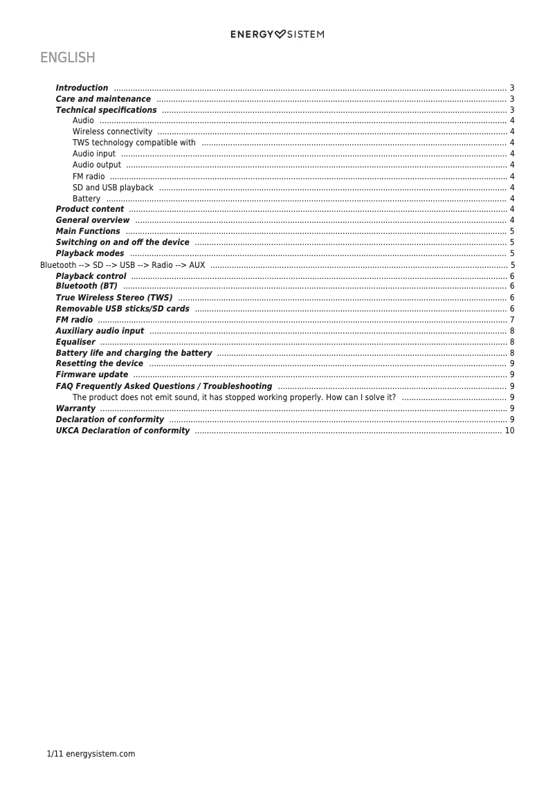 Page 1 de la notice Manuel utilisateur Energy Sistem Music Box BZ4+