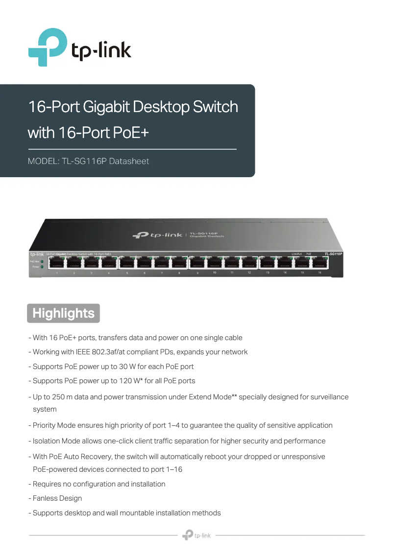 Image de la première page du manuel de l'appareil TL-SG116P