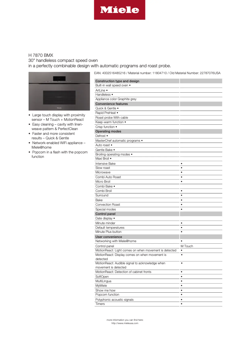 Page 1 de la notice Fiche technique Miele H 7870 BMX