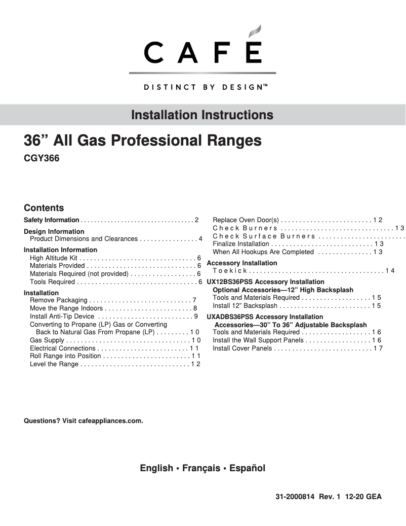 Page 1 de la notice Guide d'installation GE Café CGY366P2TS1