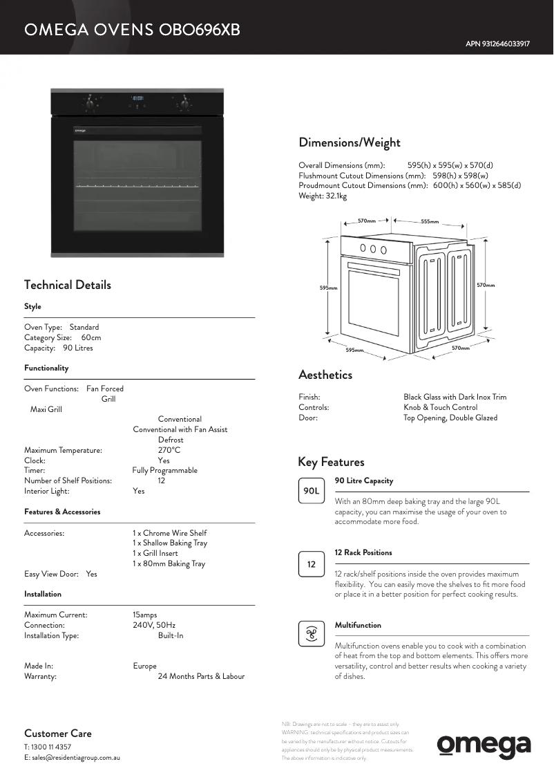 Page 1 de la notice Fiche technique Omega OBO694XB