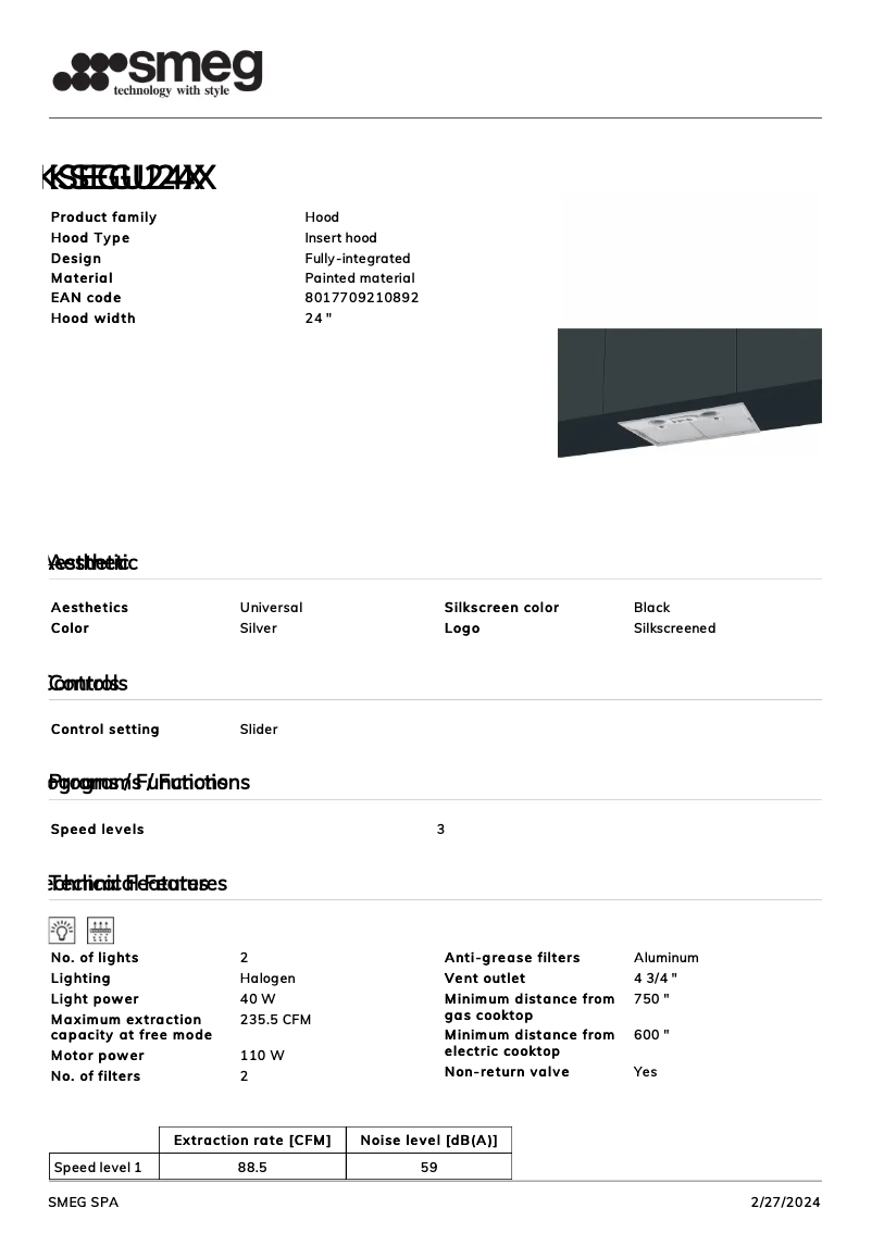 Page 1 de la notice Fiche technique Smeg KSEGU24X
