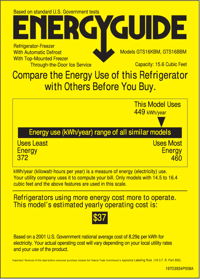 Page 1 de la notice Label énergétique GE GTS16BBMLCC