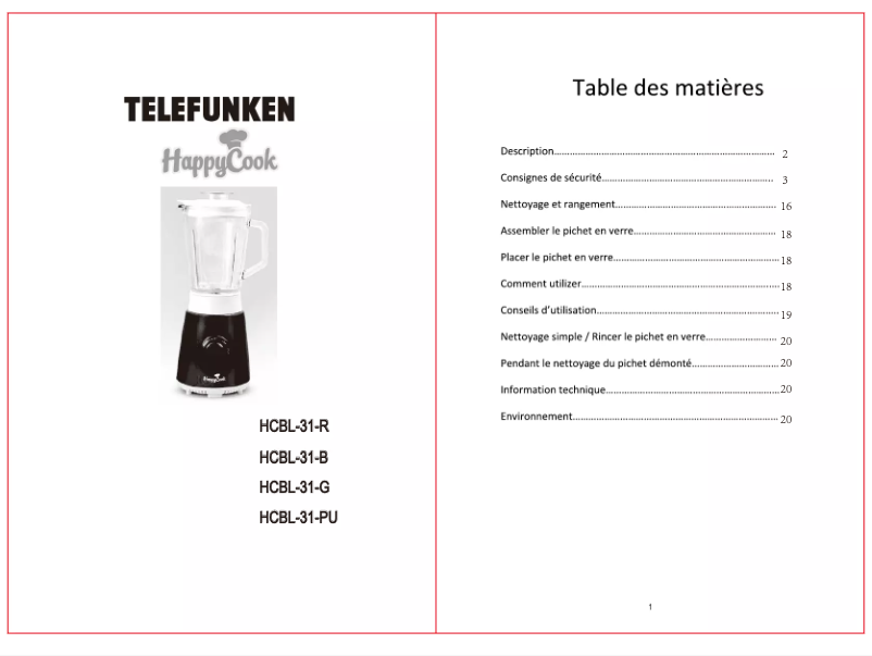 Page n°1 - Manuel utilisateur Telefunken HappyCook HCBL-31-G
